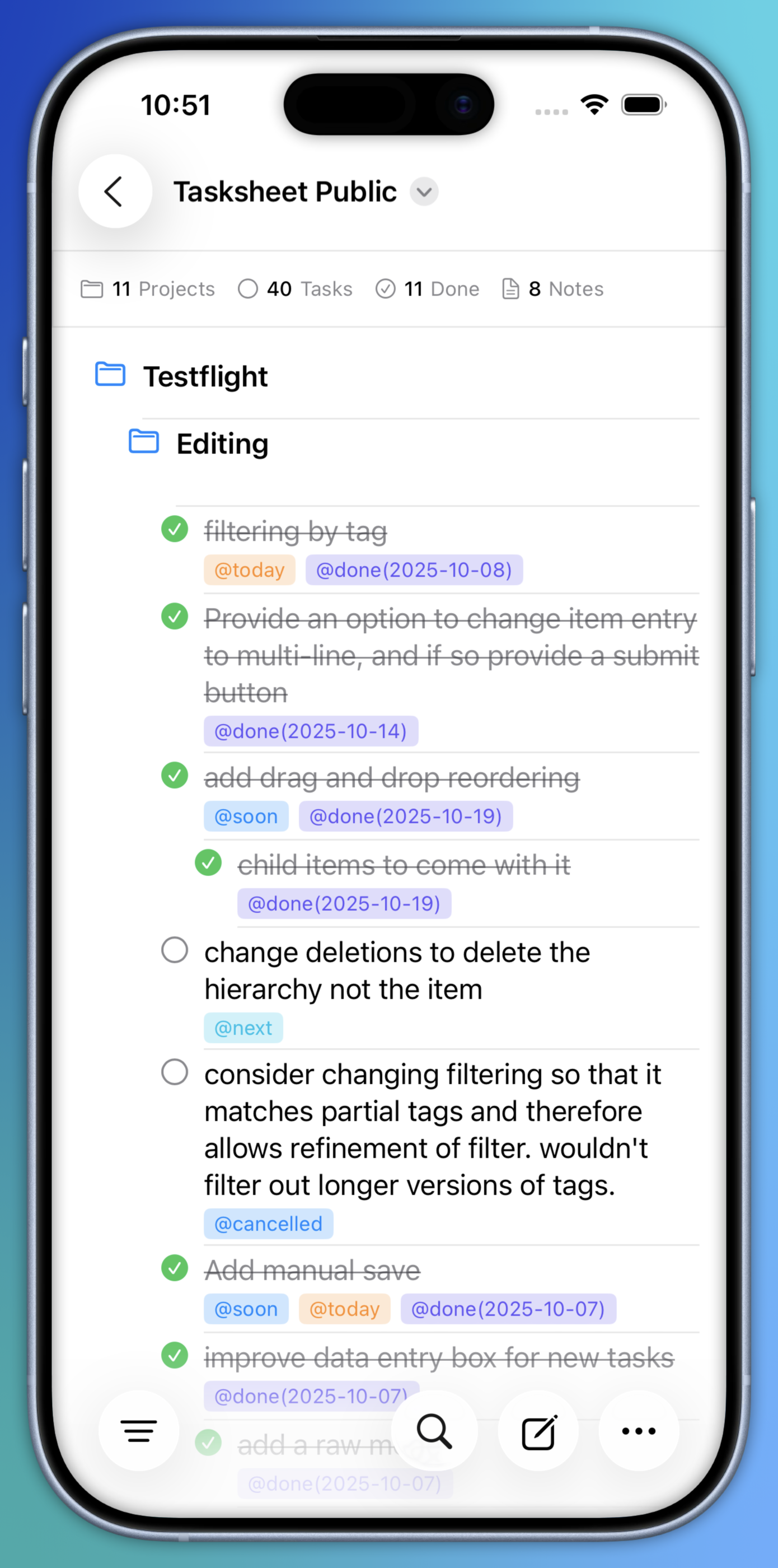 TaskSheet main task list